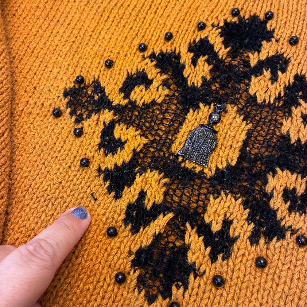 Studio Michelle Stuart Hand Knit Sweater Medium Vintage Mustard Black Abstract - Picture 15 of 17